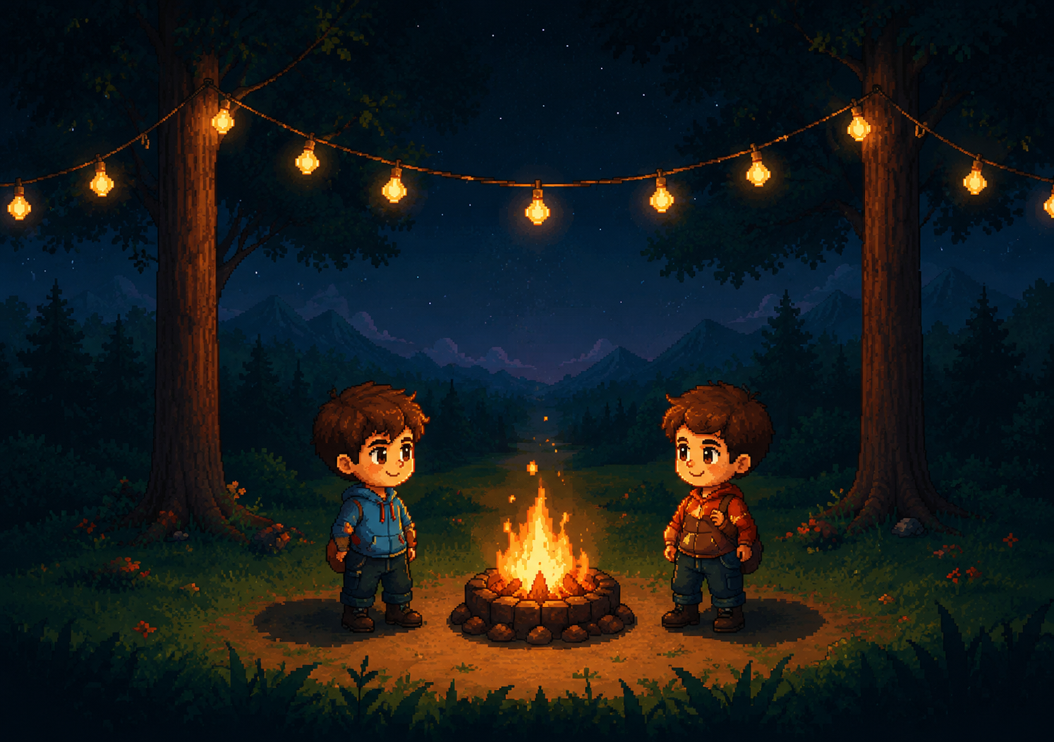 Two pixel characters around a campfire
