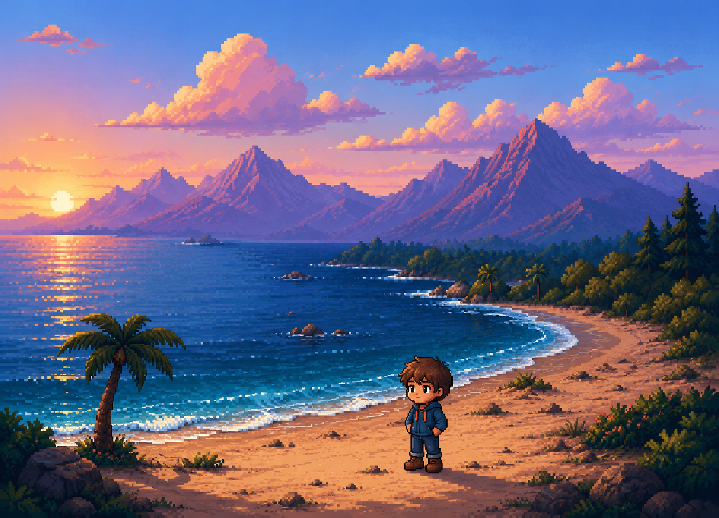 Pixel-art beach scene