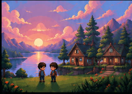 Pixel-art sunset scene featuring two characters near a lake