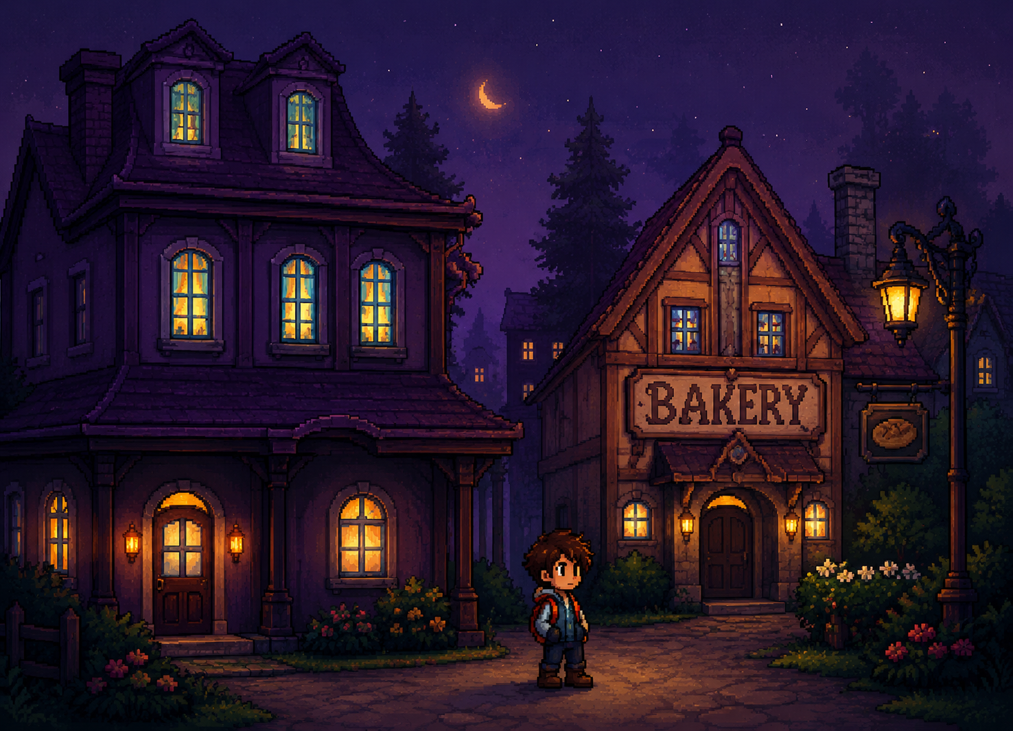 Pixel-art village at night